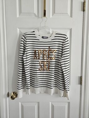 NWOT Marled Striped Sweater With Sequin 'Apres Ski' Graphic